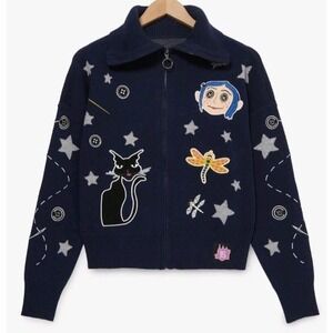 NEW Coraline Icons Embroidered Womens Full Zip Sweater Size LG Whimsigoth Grunge